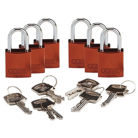 Lockout Padlock, Keyed Alike, Aluminum, Brown, 1 in Shackle Height, 1 1/4 in Body Width, 6 PK