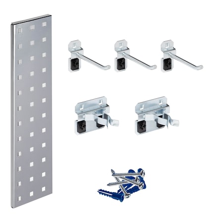 Silver Tool Pegboard Kit with (1) 18 In. x 4.5 In. 18-Gauge Steel Square Hole Pegboard 5 pc. LocHook Assortment