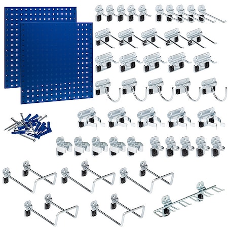 (2) 24 In. W x 24 In. H Blue Epoxy 18-Gauge Steel Square Hole Pegboards 46 pc. LocHook Assortment