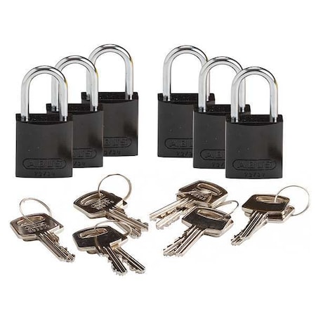Lockout Padlock, Keyed Different, Aluminum, Black, 1 in Shackle Height, 1 1/4 in Body Width, 6 PK