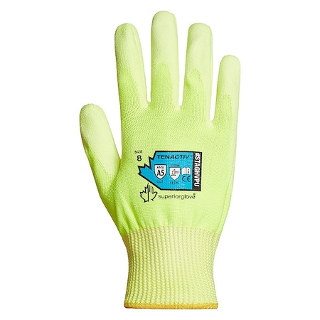 Hi-Vis Cut Resistant Coated Gloves, Cut Level A5 ,Dipped ,Polyurethane ,Smooth ,5 1 PR