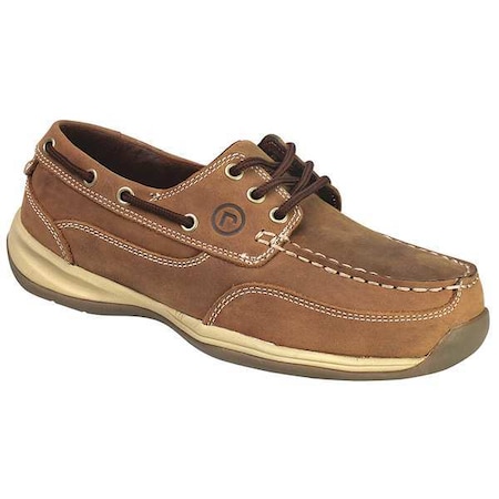 Women's Boat Shoe, Steel Toe, Leather Upper, Rubber Outsole, Lace Up, Brown, 8 M
