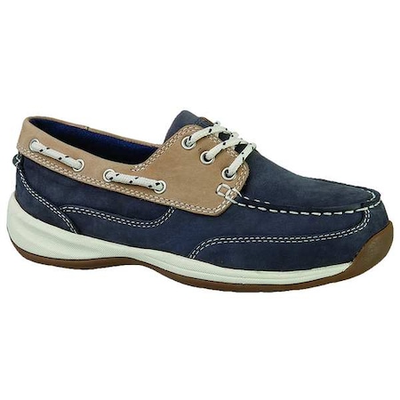 Women's Boat Shoe, Steel Toe, Leather Upper, Rubber Outsole, Lace Up, Navy Blue/Tan, 7 W