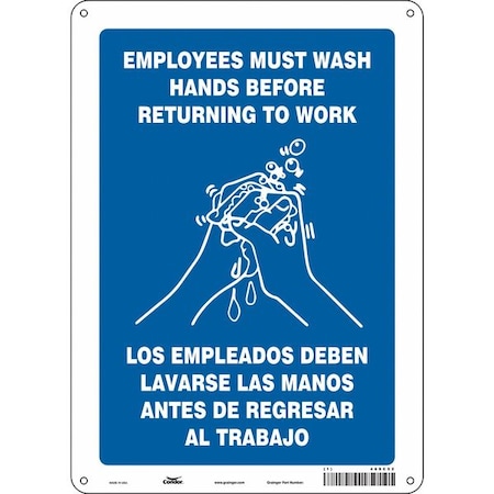 Employees Must Wash Hands Before Returning To Work, 10 in W x 14 in H, Rectangle, Aluminum, 469C52