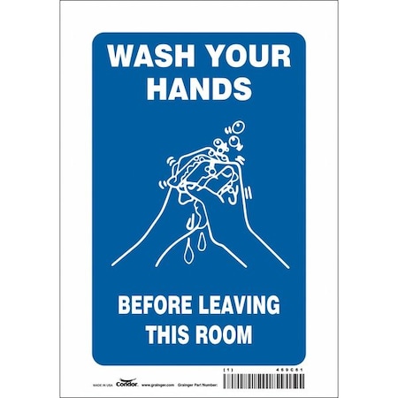 Wash Hands Before Leaving This Room, 7 in W x 10 in H, Horizontal Rectangle, Vinyl, 469C61