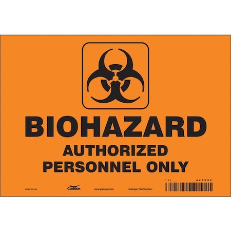 Biohazard Sign, 7 in H, 10 in W, Vinyl, Vertical Rectangle, English, 447V92