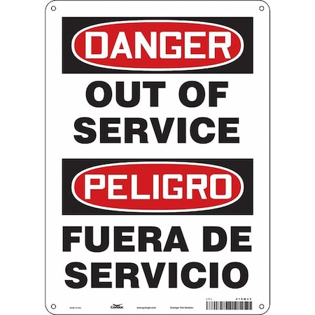Danger, OUT OF SERVICE, 10 in W x 14 in H, Vertical Rectangle, Polyethylene, 479M45