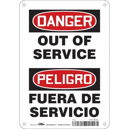 Danger, OUT OF SERVICE/FUERA DE SERVICIO, 7 in W x 10 in H, Horizontal Rectangle, Aluminum, 479M42