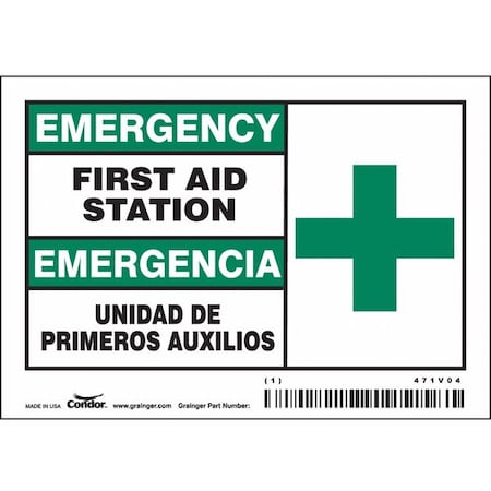 Emergency/Emergencia, First Aid Station/Unidad De Primeros Auxilios, 5 in x 3 1/2 in, Vinyl, 471V04