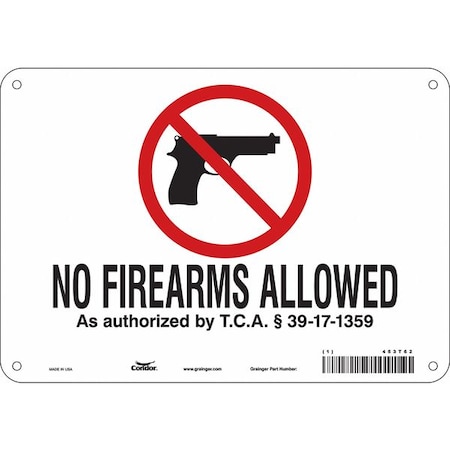 No Concealed Weapons Sign, 7 in H, 10 in W, Aluminum, Vertical Rectangle, English, 453T62