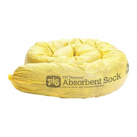Sorbent Sock, 12 gal, 3 in x 48 in, Water, Yellow, 12 PK