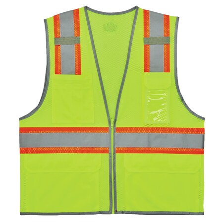 Two-Tone Hi-Vis Safety Vest XL Class 2 H Back, ,Zipper 6 Pockets, 2 Mic Tab, ID Window