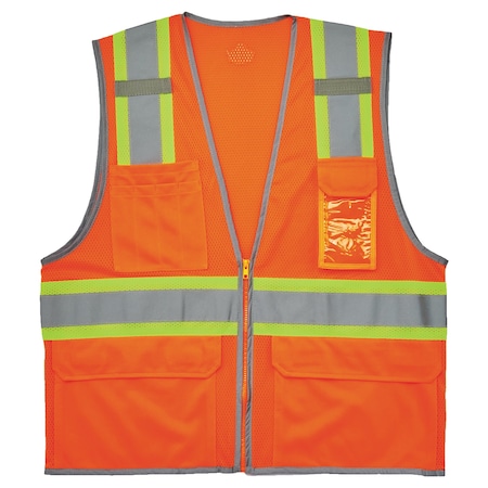 Two-Tone Hi-Vis Safety Vest M Class 2 H Back, ,Zipper 6 Pockets, 2 Mic Tab, ID Window