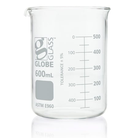 Beaker, Globe Glass, 600mL, Low Form Griffin Style, Dual Graduations, ASTM E960, 6/Box, 6PK