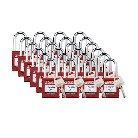 Padlock, Keyed Different, Nylon, Red, 1 1/2 in Shackle Height, 1 1/2 in Body Width, 48 No. of Keys