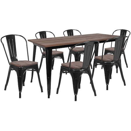 Rectangle Black Metal Table Set with Wood Top and, 30.25" W, 60" L, 30.5" H, Wood, Wood Grain