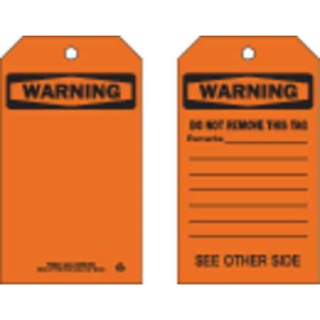 Warning Tag, Warning Tags, Polyester, 7 in H x 4 in W, Black, Orange, Rectangle, 10 PK