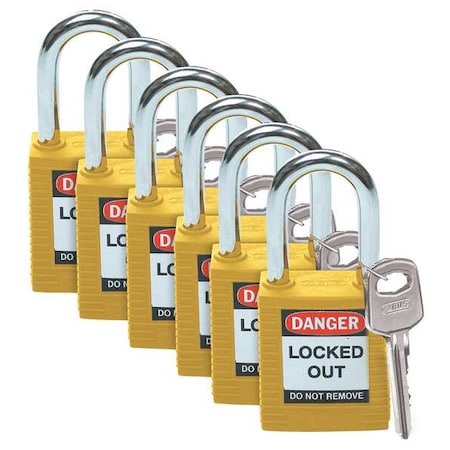 Lockout Padlock, Keyed Alike, Nylon, Yellow, 1 1/2 in Shackle Height, 1 1/2 in Body Width, 6 PK