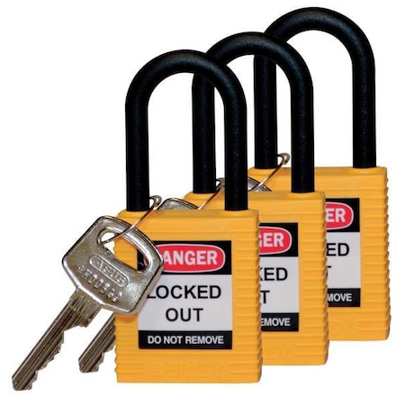 Lockout Padlock, Keyed Alike, Nylon, Yellow, 1 1/2 in Shackle Height, 1 1/2 in Body Width, 3 PK