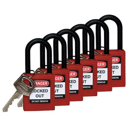 Lockout Padlock, Keyed Alike, Nylon, Red, 1 1/2 in Shackle Height, 1 1/2 in Body Width, 6 PK