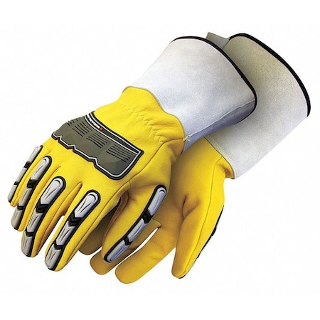 Leather Drivers Gloves, Gauntlet Cuff, Wing Thumb, Yellow, M, 1 PR