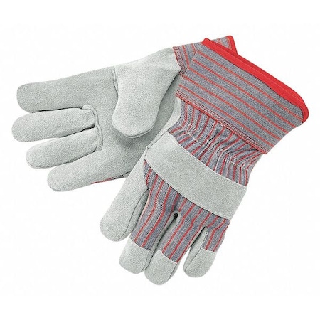 Leather Palm Gloves, Cowhide, Gunn Cut, Wing Thumb, Safety Cuff, Gray/Red, L, 1 PR