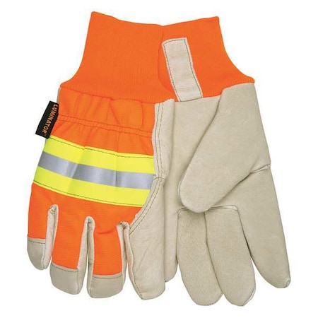 Leather Gloves, Pigskin Palm, Knit Cuff, Beige Palm, HiVis Orange and Yellow Back, 1 PR