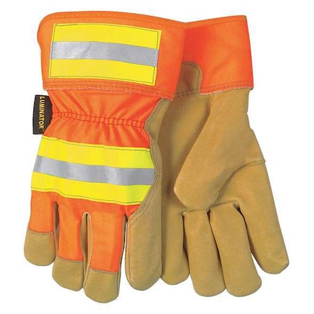 Leather Gloves, Pigskin, Safety Cuff, Wing Thumb, Full Finger, Gold, HiVis Orange and Yellow, L