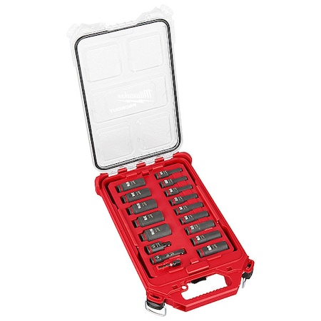 17 pc. SHOCKWAVE Impact Duty 3/8" Drive SAE Deep Well Socket Set, PACKOUT Low Compact Organizer
