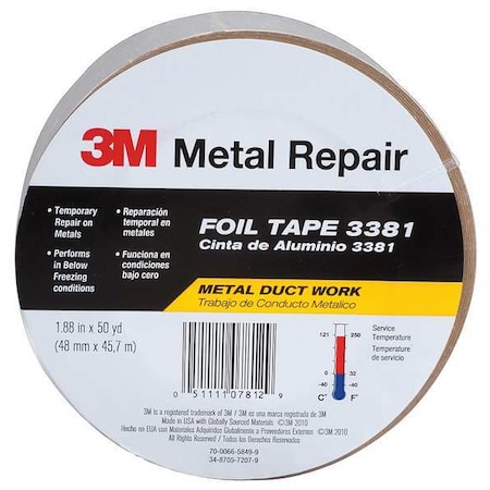 Foil Tape, Aluminum, Silver, 50 yd L, 2-3/4 in W