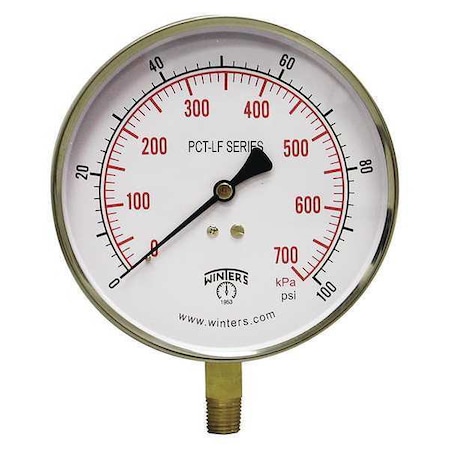 Pressure Gauge, 0 to 100 psi, 4 1/2 in Dial, 1/4 in NPT Bottom Location