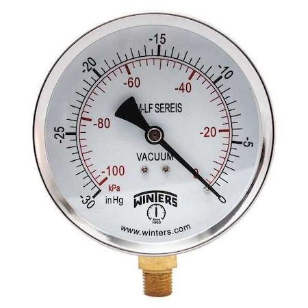 Lead-Free Vacuum Gauge, 30 to 0 psi, 4 in Dial, 1/4 in NPT, Bottom Location, Steel Case Material