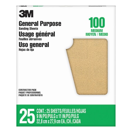 Sandpaper Sheet,100 Grit,9"W,PK25