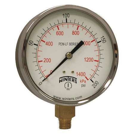 Lead-Free Pressure Gauge, 0 to 200 psi, 4 in Dial, 1/4 in NPT, Bottom Location, Steel Case Material