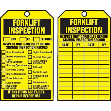 Tag, Forklift, Cardstock, 6 1/4 in H x 3 in W, Yellow, Rectangle, 100 PK