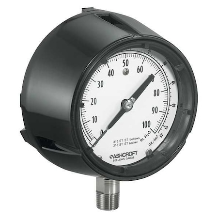 Low Pressure Gauge, 0 to 100 psi, 4 1/2 in Dial, 1/4 in NPT, Bottom Location, Phenolic Case Material