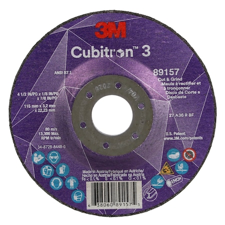 Cut-Off and Grinding Wheel, Type 27, 4 1/2 in Dia, 0.125 in Thick, 7/8 in Arbor Hole Size, Ceramic