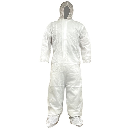 Disposable Coverallss, Hooded, 3XL, PP SMS, Elastic Wrist, Not Applicable Ankle, Serged Seam, White