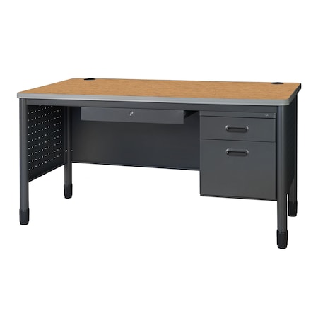 Mesa Steel Single Pedestal Teacher's Office Desk with Center Drawer 60'' x 30'', Medium Oak
