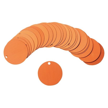 Blank Tag, Aluminum, 1 1/2 in H x 1 1/2 in W, 1 1/2 in Dia., Orange, Round, 25 PK
