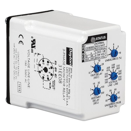 3 Phase Monitor Relay,SPDT,500VAC,8 Pin
