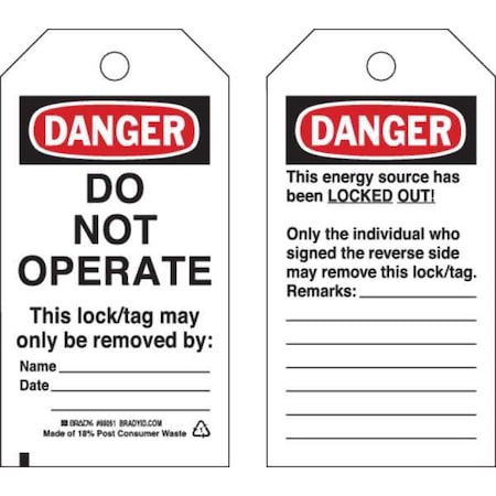 Danger Tag, Cardstock, 5 3/4 in H x 3 in W, Black/Red on White, Rectangle, 25 PK