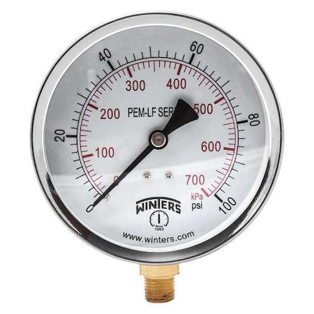 Lead-Free Pressure Gauge, 0 to 100 psi, 4 in Dial, 1/4 in NPT, Bottom Location, Steel Case Material