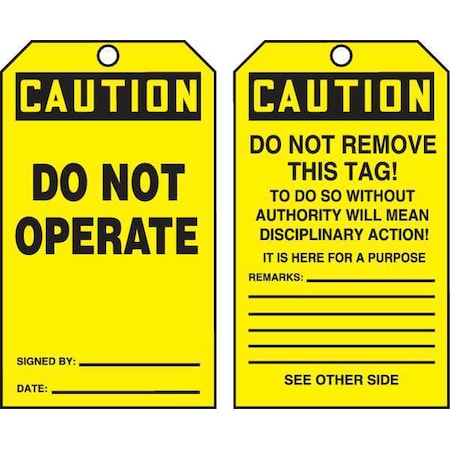 Caution Tag By The Roll, General Safety, Cardstock, 6 1/4 in H x 3 in W, Yellow, Rectangle, 250 PK