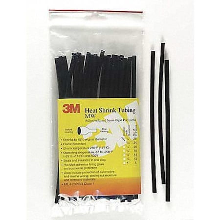 Heat Shrink Tube, Thin Wall, 2:1 I.D. Shrink Ratio, 0.05 in I.D. Before Shrinking, Black, 6 in