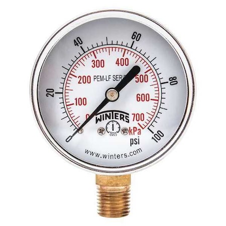 Lead-Free Pressure Gauge, 0 to 100 psi, 2 1/2 in Dial, 1/4 in NPT, Bottom Location