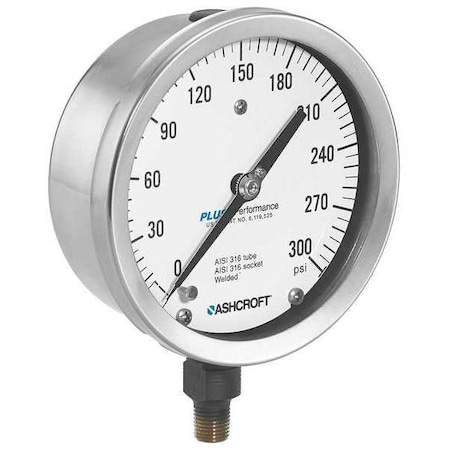 Industrial Pressure Gauge, 0 to 160 psi, 4 1/2 in Dial, 1/4 in NPT, Bottom Location