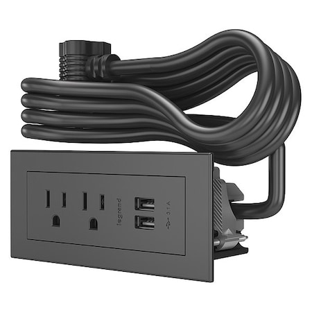 Outlet Strip, USB, 2 NEMA 5-15P, 5-15P, 6 ft., Black
