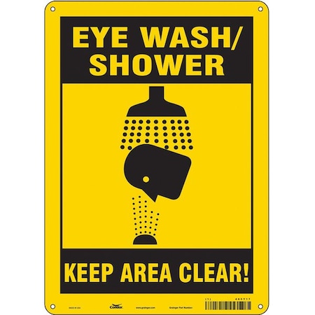 EYE WASH/SHOWER KEEP AREA CLEAR!, 10 in W x 14 in H, Vertical Rectangle, Aluminum, 485Y17