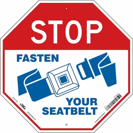 Stop Fasten Seatbelt Sign, 24" W, 24" H, Aluminum, Red, White